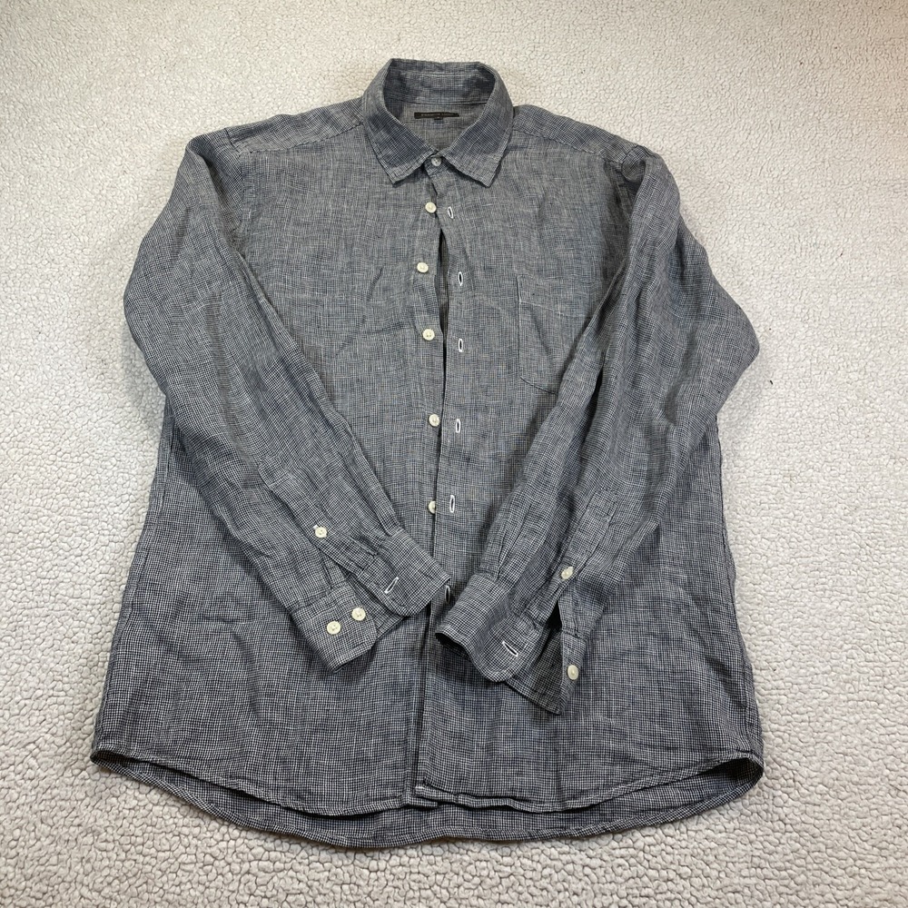 Uniqlo Shirt Mens L Navy Blue Premium Linen Houndstooth Button Down 332-055200